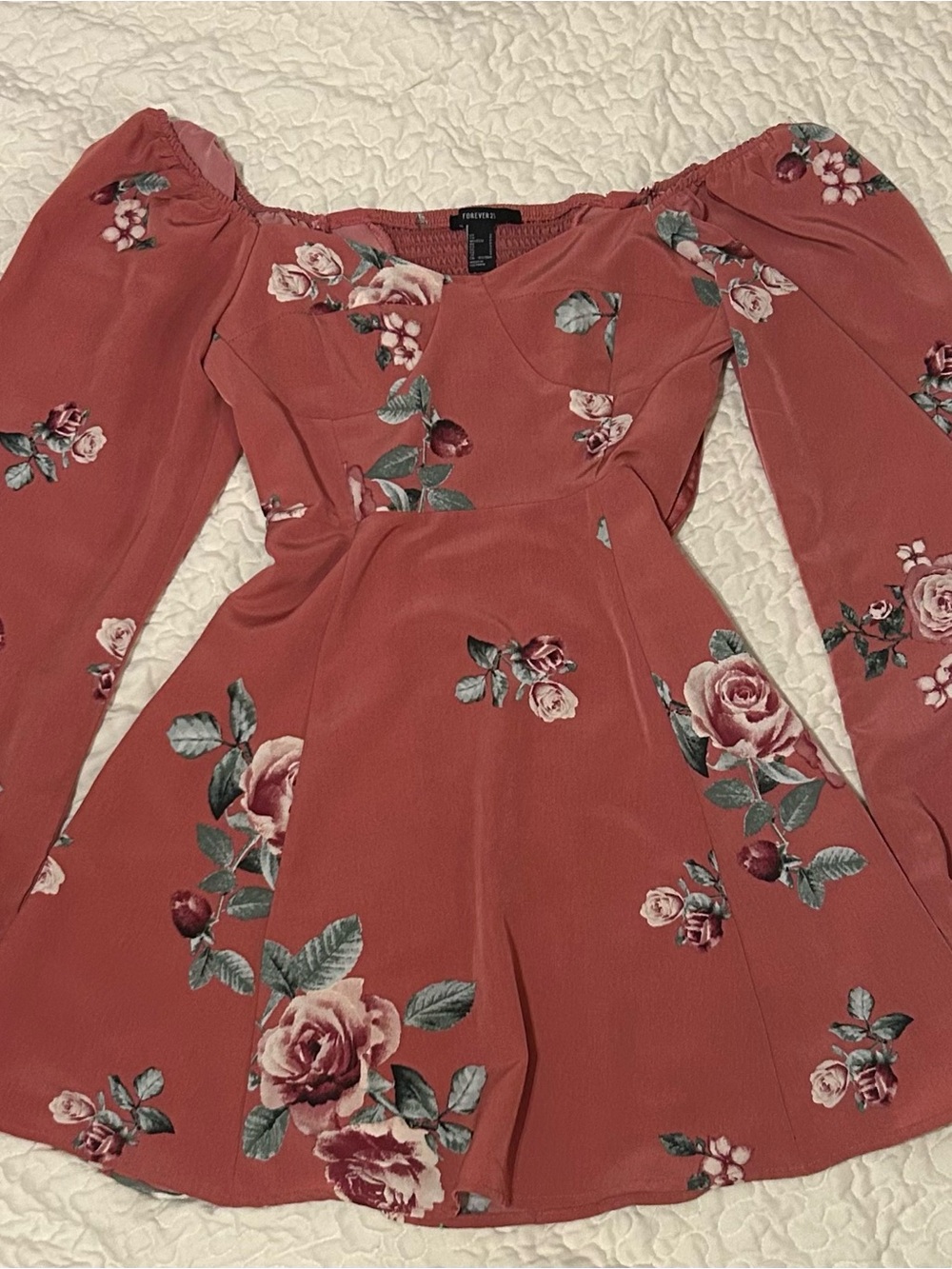 Forever 21 Rose-Print pink Off-Shoulder Dress